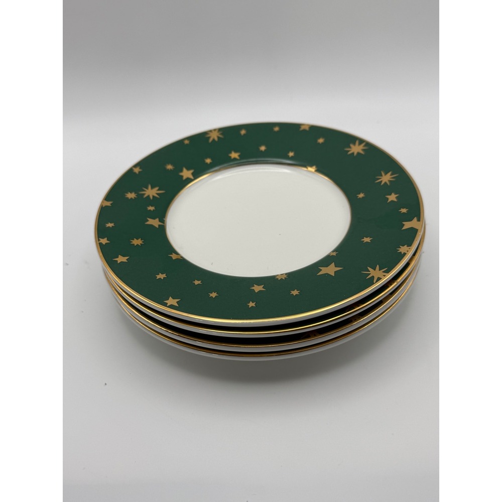 Vtg Sakura Galaxy Fine‎ Porcelain Plates Set of 4 Green 14k Gold Stars 6.25"